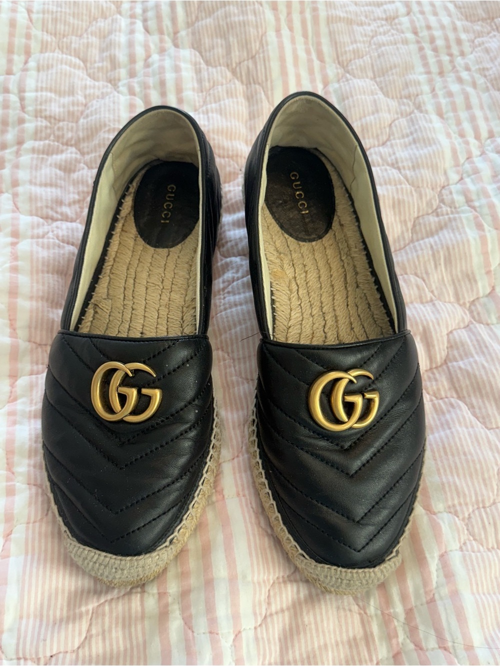 Gucci Black Quilted Leather Espadrille Women’s Flats with Gold GG